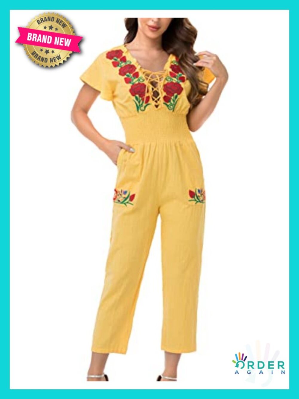 Mexican Floral Embroidered Jumpsuit - Lace Short Sleeves with Pockets